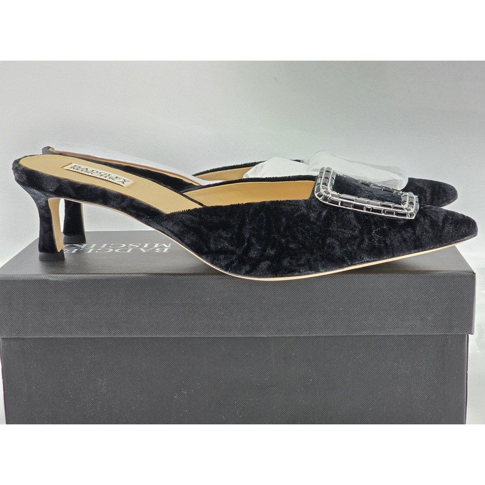 Badgley Mischka Abigayl Mules Womens 10 Black Velvet Crystal Buckle - NEW - Picture 3 of 11